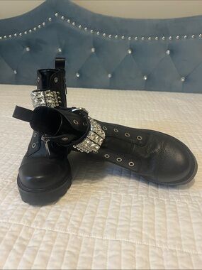 Karl Lagerfeld Black Leather Studded Combat Boots with Crystal Strap